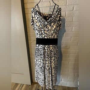 Ellen Tracy Black & White Floral Cowl Neck Dress